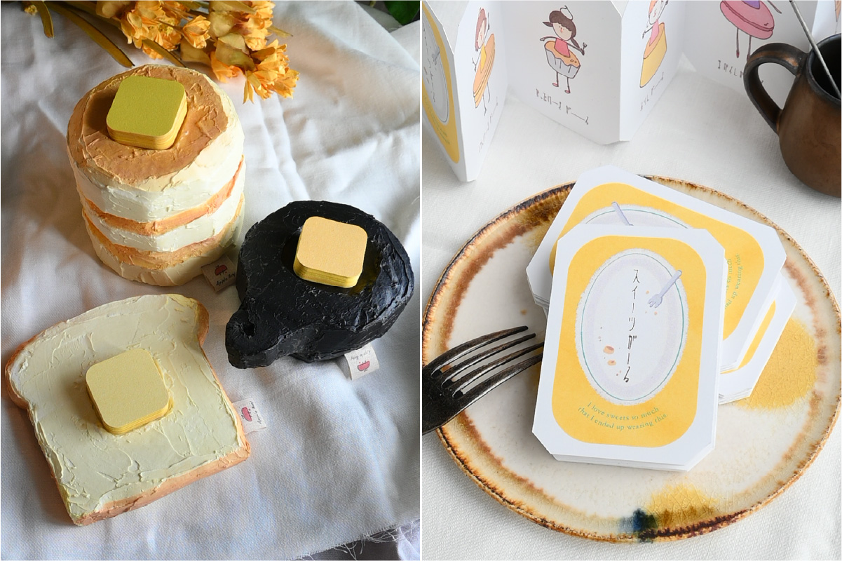 左「バターメモ」台のパンケーキ、食パン、スキレットの3種作りました。 右「スイーツガールZINE」